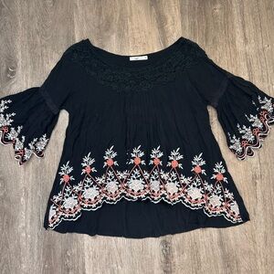 HAZEL Embroidered Black Peasant Top with Coral & White Floral Detail